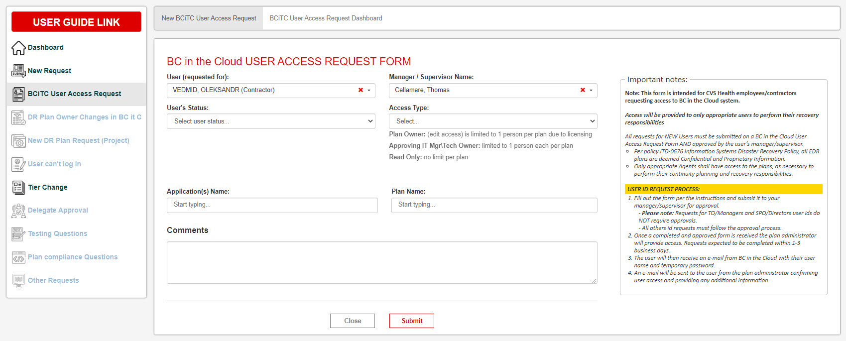 EDR Process User access request form