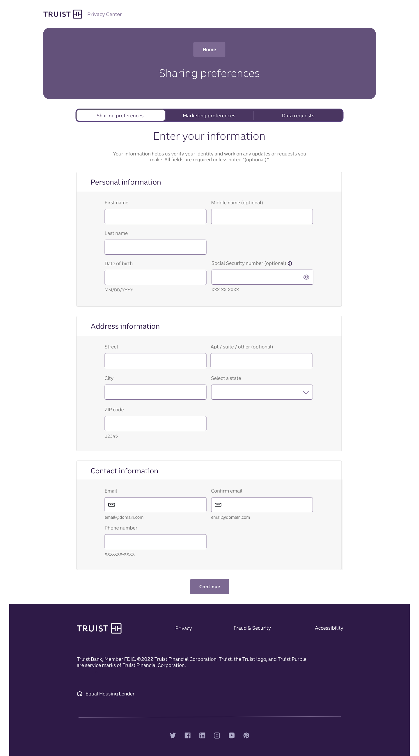 Privacy Portal forms and information entry